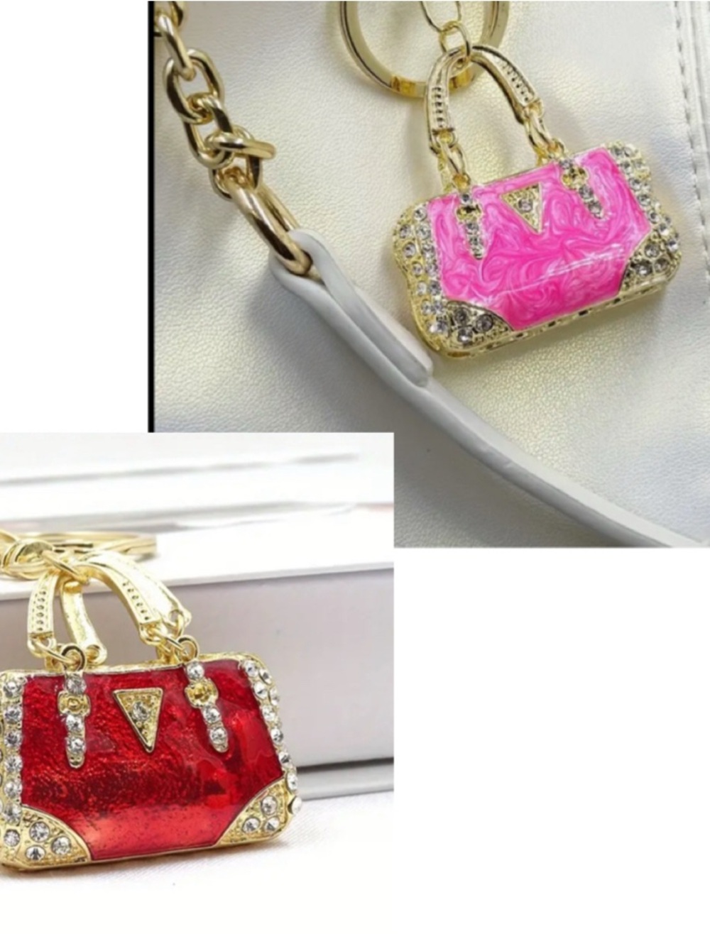 Set of 2 Crystal Accent Mini Handbag Foy, Keychain Pair - Pink & Red